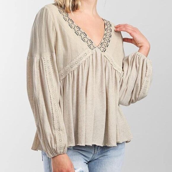 Miss Me Tops - Miss Me Linen Babydoll Lace Embroidered V-Neck Top Flowy Coastal Cowgirl